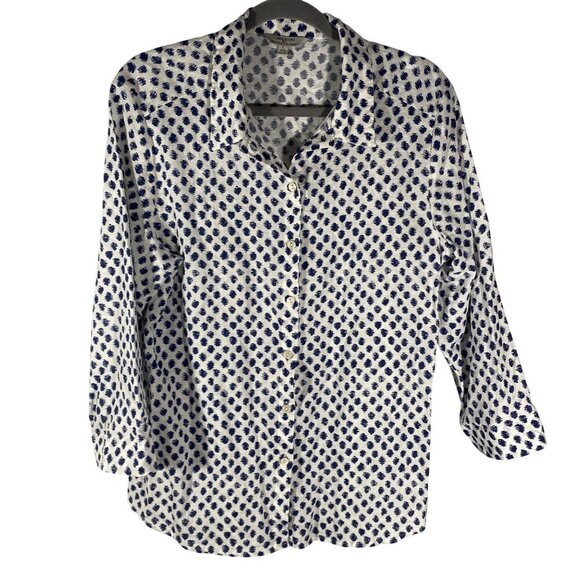 Linen Blend Shirt Hester & Orchard Blue Dot Pattern 3/4 sleeve size L button up - Picture 1 of 9